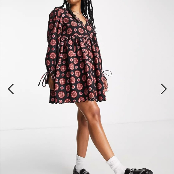 ASOS DESIGN Petite twill scallop babydoll dress mini in retro floral print - Picture 11 of 12